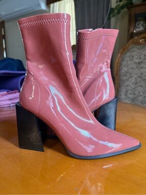Jeffrey Campbell Glossy Rose Pink Block Heel Ankle Boots